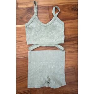 Ribbed Matching Set - Light Green Crop Top & Shorts - M/S - Beach Boho Style